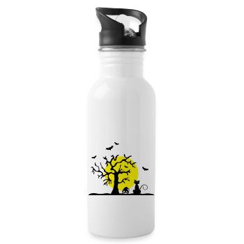 Halloween - Katze und Baum - Trinkflasche mit integriertem Trinkhalm - Weiß - Rechts