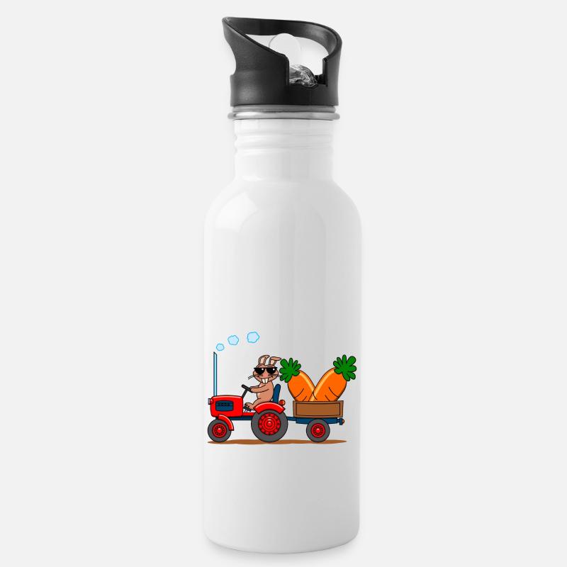 Cooler Hase auf Traktor mit Riesenkarotten - Trinkflasche mit integriertem Trinkhalm - Weiß