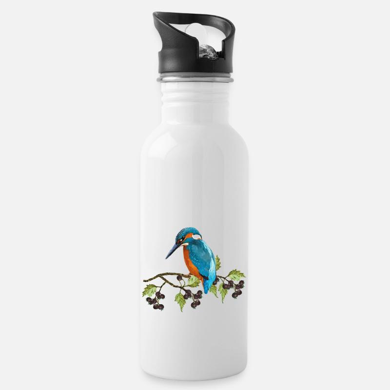 Kingfisher bird - Water bottle with straw - white