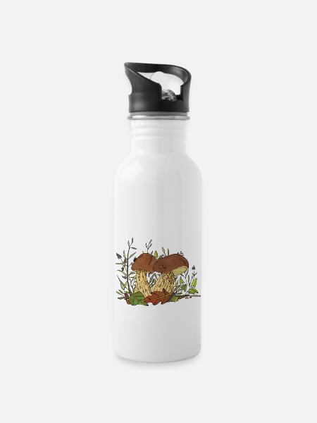 Pilze - Trinkflasche mit integriertem Trinkhalm - Weiß