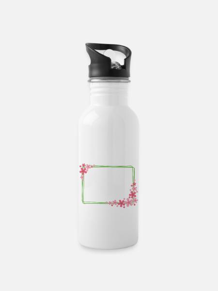 Rahmen mit Blumen - Trinkflasche mit integriertem Trinkhalm - Weiß
