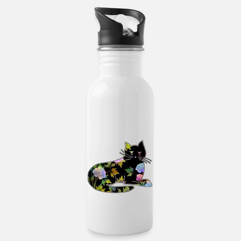 Katze - Trinkflasche mit integriertem Trinkhalm - Weiß