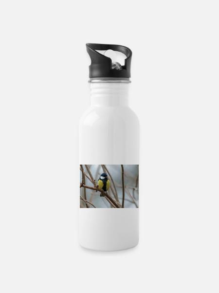 Kohlmeise auf Ast - Trinkflasche mit integriertem Trinkhalm - Weiß