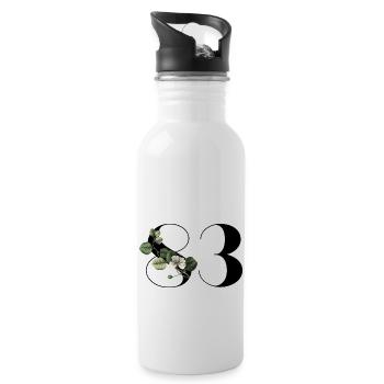 Number 83 Floral Green - 83rd Floral Birthday - Water bottle with straw - white - Right