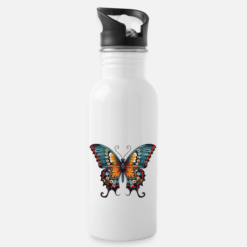 Schmetterling - Trinkflasche mit integriertem Trinkhalm - Weiß