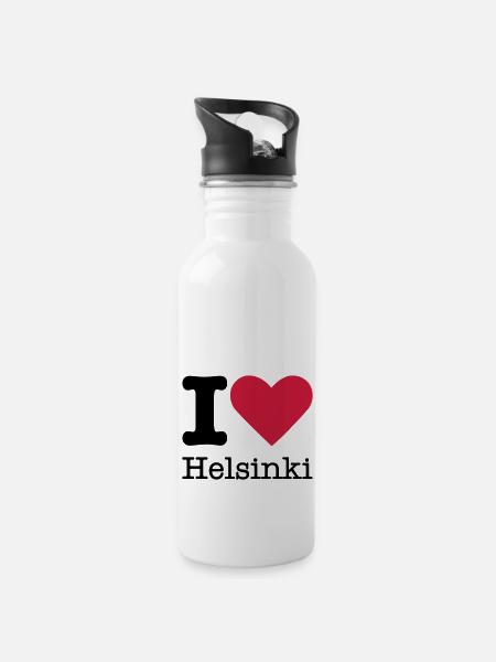 I Love Helsinki - Trinkflasche mit integriertem Trinkhalm - Weiß
