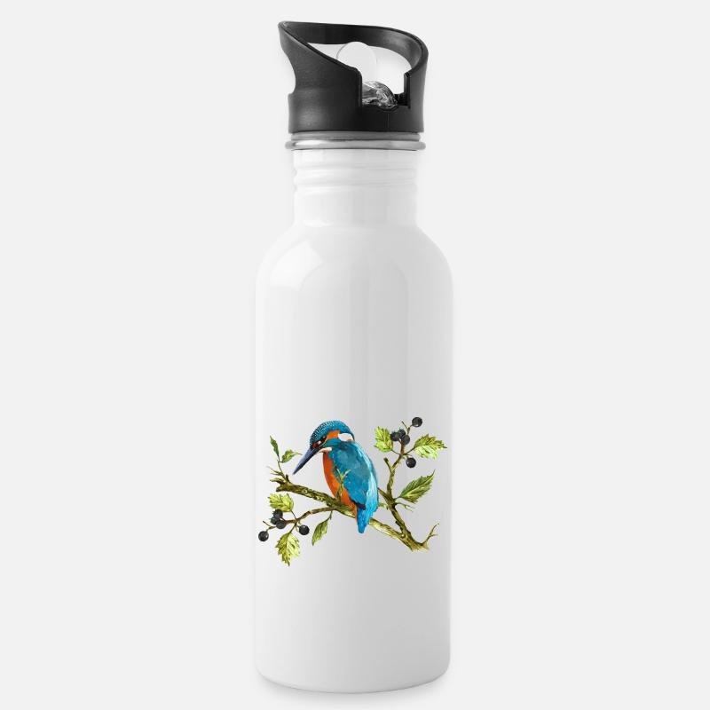 Bunter Vogel - Trinkflasche mit integriertem Trinkhalm - Weiß