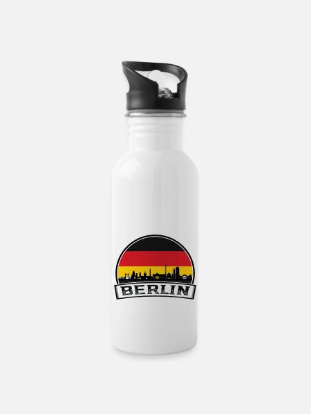 Berlin Berliner Skyline Retro Sun Schriftzug - Trinkflasche mit integriertem Trinkhalm - Weiß