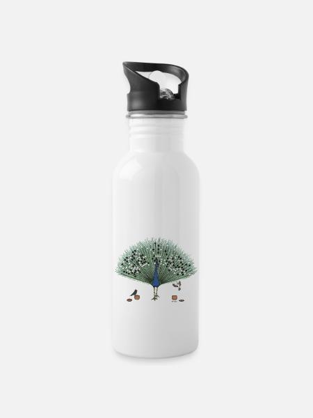 Two Birds Play Go on the Feathers of a Peacock - Water bottle with straw - white