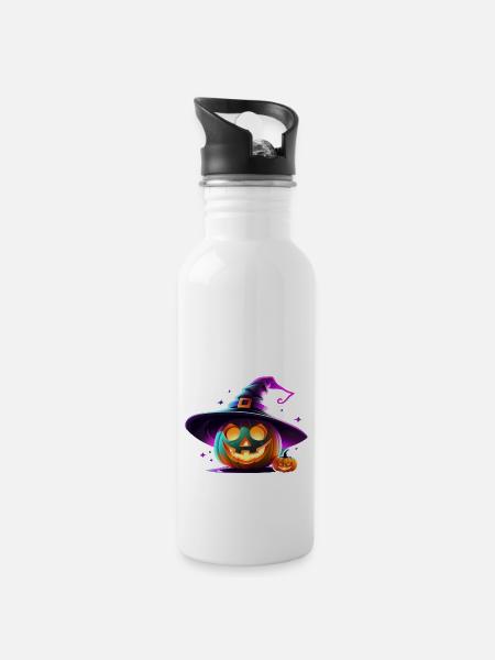 Halloween - Kürbis Neon Hexenhut - Trinkflasche mit integriertem Trinkhalm - Weiß