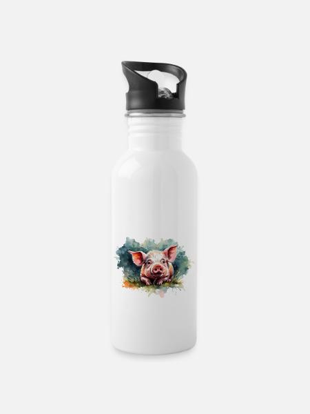 Süßes Schweinchen - Trinkflasche mit integriertem Trinkhalm - Weiß