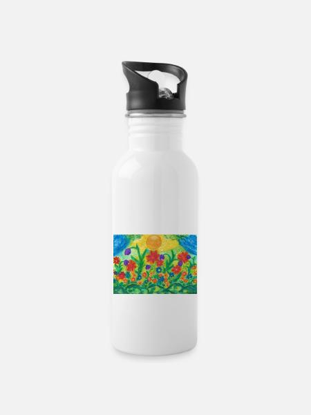 "Blumenwiese" - Trinkflasche mit integriertem Trinkhalm - Weiß