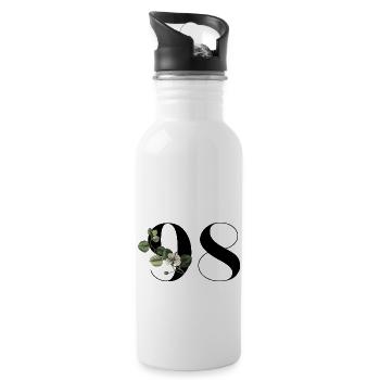 Nummer 98 Grüne Blumen - 98. Blumengeburtstag - Trinkflasche mit integriertem Trinkhalm - Weiß - Rechts