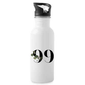 Number 99 Floral Green - 99th Floral Birthday - Water bottle with straw - white - Right