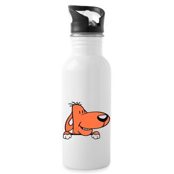 Hund Hinter Mauer Zaun Schild Guckt Lustig Frech - Trinkflasche mit integriertem Trinkhalm - Weiß - Rechts