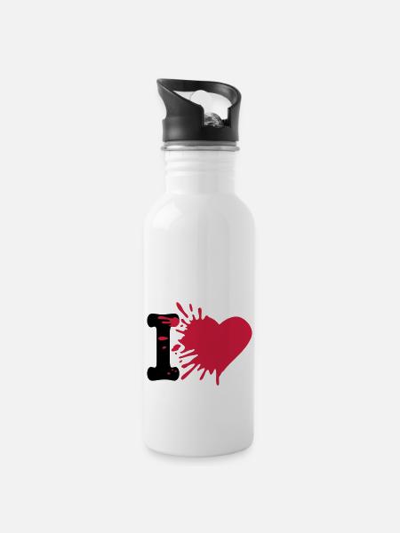 i love - Trinkflasche mit integriertem Trinkhalm - Weiß