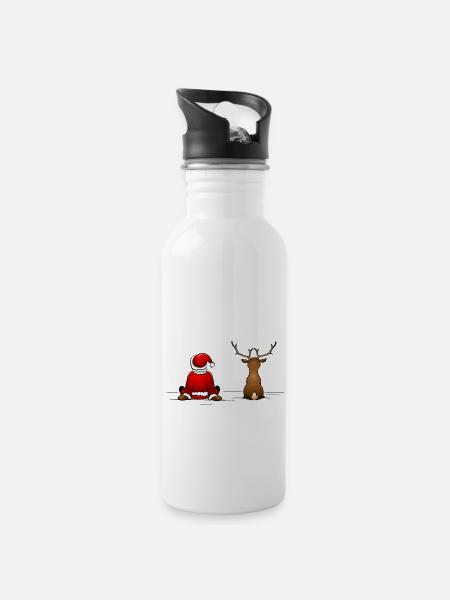 Santa Claus und Rudolph - Trinkflasche mit integriertem Trinkhalm - Weiß