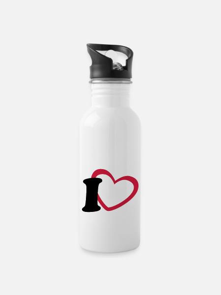 i love - Trinkflasche mit integriertem Trinkhalm - Weiß