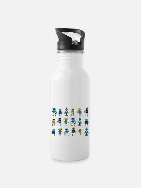 Little Robots, kleine lustige Roboter - Trinkflasche mit integriertem Trinkhalm - Weiß