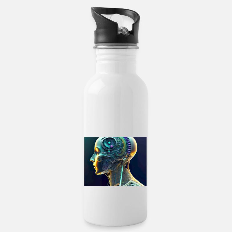 Mechanisches Gehirn - Trinkflasche mit integriertem Trinkhalm - Weiß