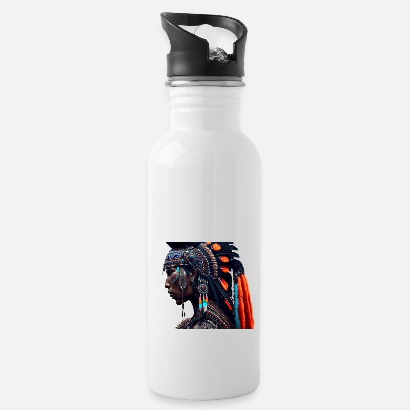 Indianer mit Kopfschmuck - Trinkflasche mit integriertem Trinkhalm - Weiß