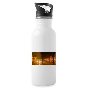 Hochbahn am nebligen Abend - Trinkflasche mit integriertem Trinkhalm - Weiß - Rechts