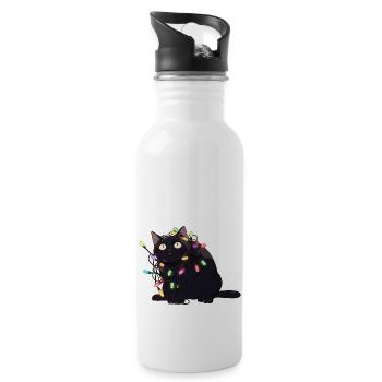 Weihnachts-Katze in der Lichterkette - Trinkflasche mit integriertem Trinkhalm - Weiß - Rechts