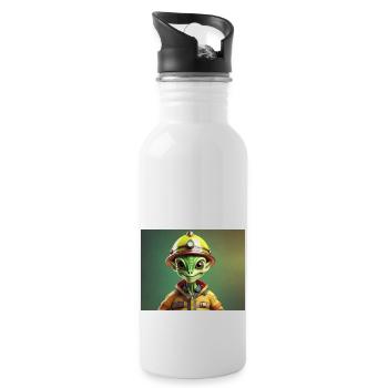 cute little green retro vintage alien firefighter - Water bottle with straw - white - Right