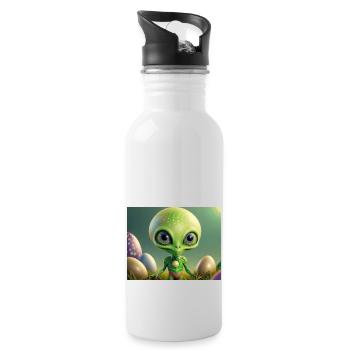 cute little green retro alien with easter eggs - Water bottle with straw - white - Right