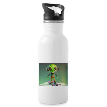 cute little green retro vintage alien is skiing - Water bottle with straw - white - Right