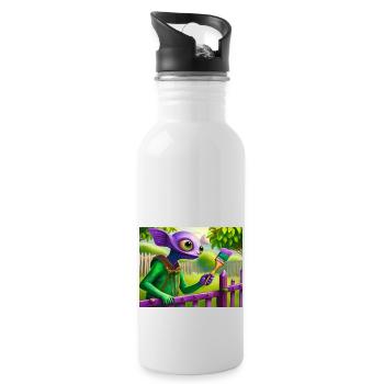 cute little green vintage alienpainting a fence - Water bottle with straw - white - Right