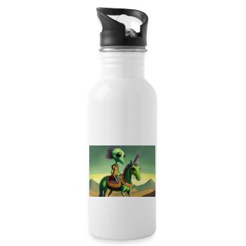 niedliches kleines grünes Retro-Alien reitet auf einem Pferd - Trinkflasche mit integriertem Trinkhalm - Weiß - Rechts