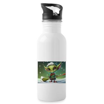 cute little green retro alien shoveling snow - Water bottle with straw - white - Right