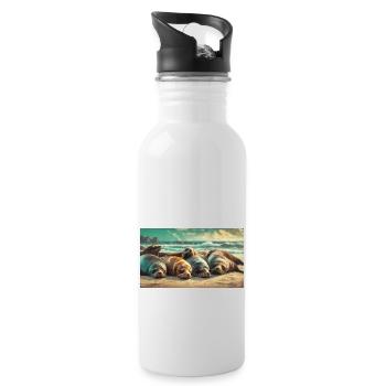 Cute animals chilling – sea lion sleeping beach - Water bottle with straw - white - Right
