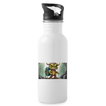 Green monster with horns - young cute little - Water bottle with straw - white - Right