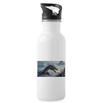 Ein realistischer böser dunkler Drache beim Erklimmen eines Nebels - Trinkflasche mit integriertem Trinkhalm - Weiß - Rechts