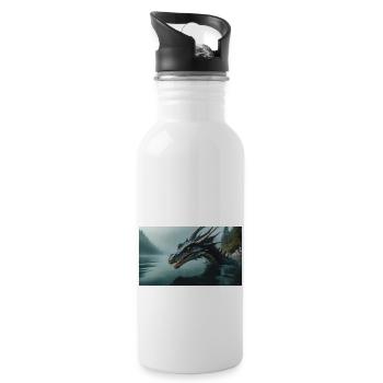 Ein realistischer böser dunkler Drache in einem nebligen Fluss - Trinkflasche mit integriertem Trinkhalm - Weiß - Rechts