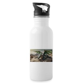 A realistic majestical green dragon is laying - Water bottle with straw - white - Right