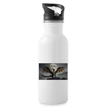 Ein realistischer, majestätischer dunkler Drache posiert - Trinkflasche mit integriertem Trinkhalm - Weiß - Rechts