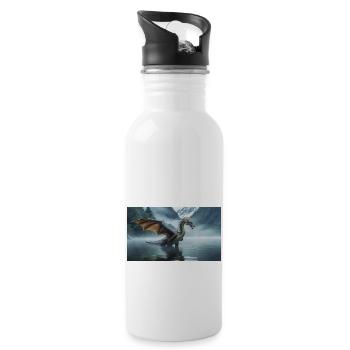 Ein realistischer böser dunkler Drache in einem nebligen Fluss - Trinkflasche mit integriertem Trinkhalm - Weiß - Rechts