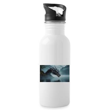Ein realistischer böser dunkler Drache in einem nebligen Fluss - Trinkflasche mit integriertem Trinkhalm - Weiß - Rechts