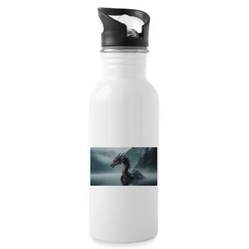 Ein realistischer böser dunkler Drache in einem nebligen Fluss - Trinkflasche mit integriertem Trinkhalm - Weiß - Rechts