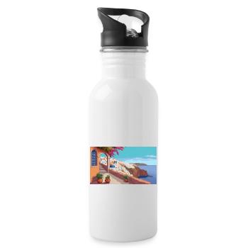 Oia, Santorini, Greece - Pixel Art - Water bottle with straw - white - Right