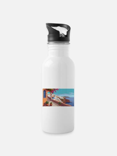 Oia, Santorini, Griechenland - Pixel Art - Trinkflasche mit integriertem Trinkhalm - Weiß