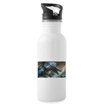 Ein realistischer böser dunkler Drache klettert auf einen nebligen - Trinkflasche mit integriertem Trinkhalm - Weiß - Rechts