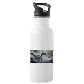 Ein realistischer böser dunkler Drache beim Erklimmen eines Nebels - Trinkflasche mit integriertem Trinkhalm - Weiß - Rechts