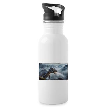 Ein realistischer böser dunkler Drache beim Erklimmen eines Nebels - Trinkflasche mit integriertem Trinkhalm - Weiß - Rechts
