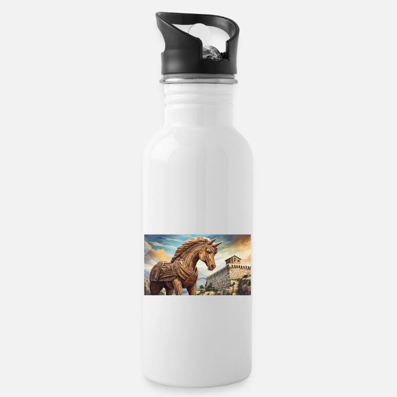 schöne mythische Orte – Trojanisches Pferd - Trinkflasche mit integriertem Trinkhalm - Weiß
