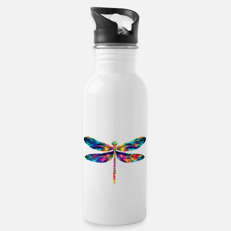 Bunte Libelle Insekt - Trinkflasche mit integriertem Trinkhalm - Weiß