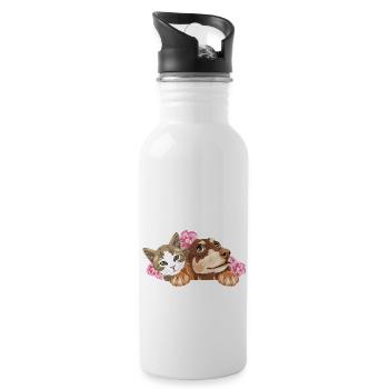 Chat mignon et teckel rêveur avec des fleurs roses - Gourde avec paille intégrée - blanc - Droite